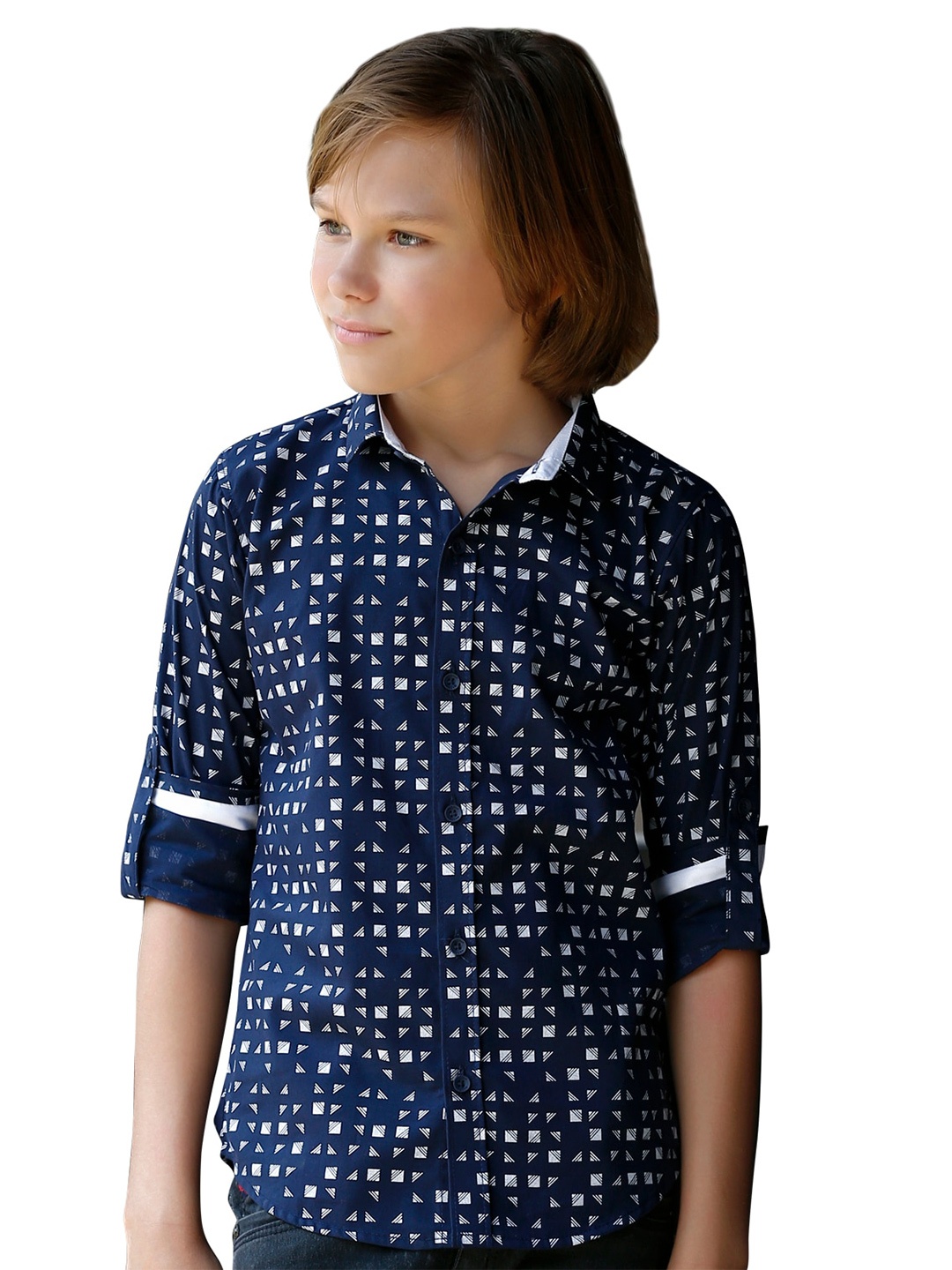 

BAESD Boys Classic Spread Collar long roll-up sleeves Printed Casual Cotton Shirt, Navy blue