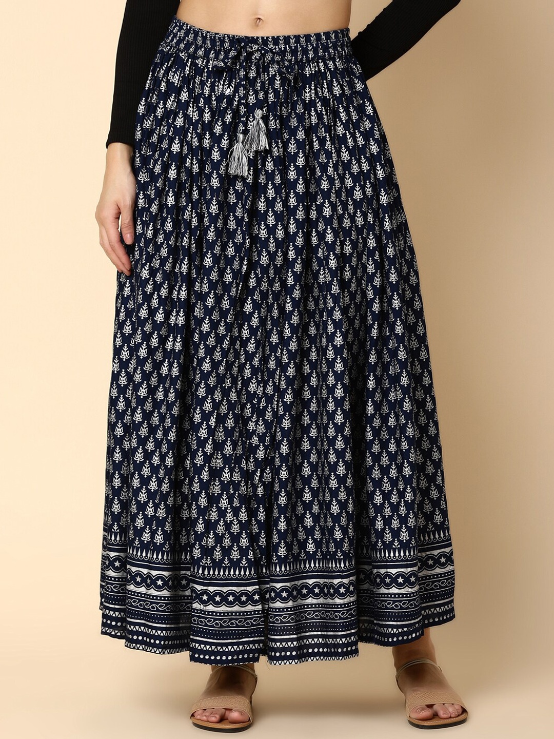 

V-Mart Ethnic Printed Maxi Flared Skirt, Navy blue