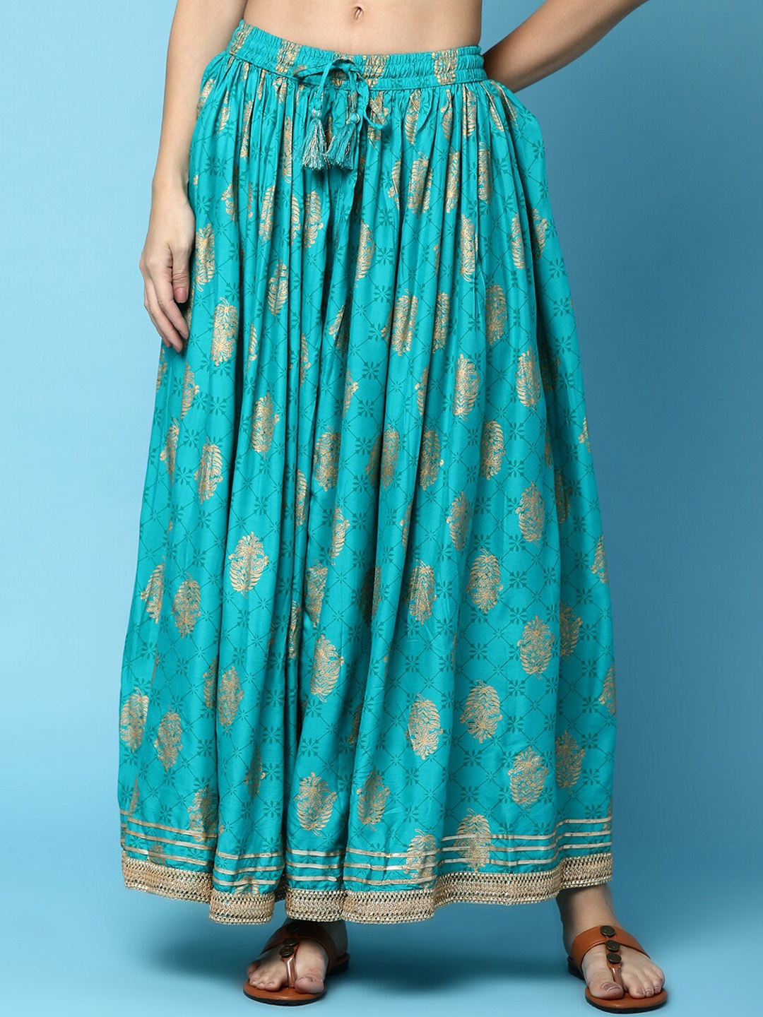 

V-Mart Ethnic Printed Maxi Flared Skirt, Green