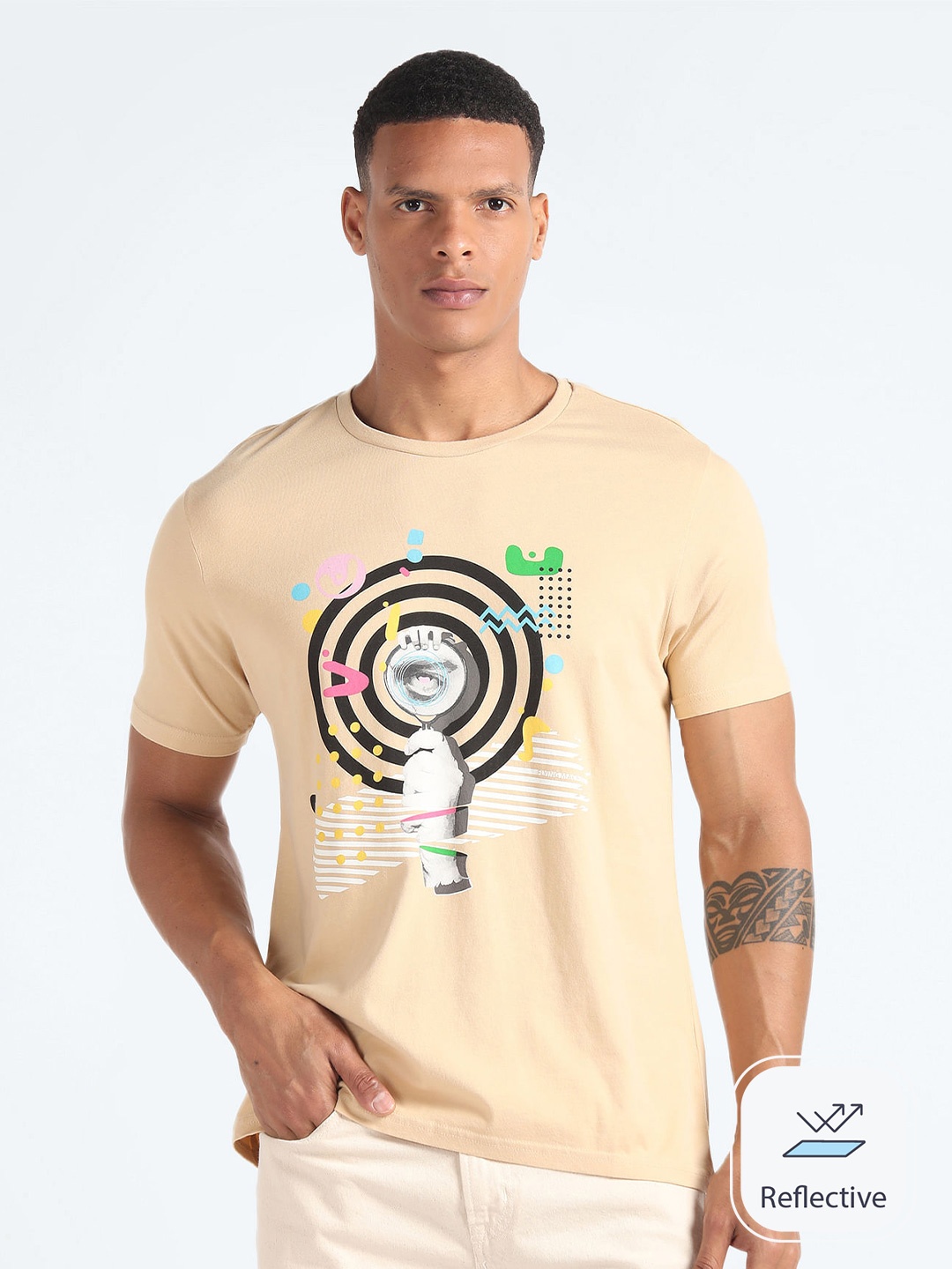

Flying Machine Graphic Printed Round Neck Glow In The Dark T-Shirt, Beige
