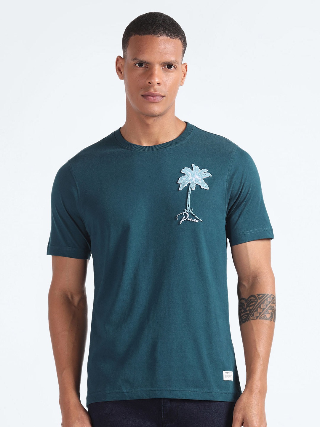 

Flying Machine Round Neck Short Sleeves Cotton Floral Printed Regular T-shirt, Blue
