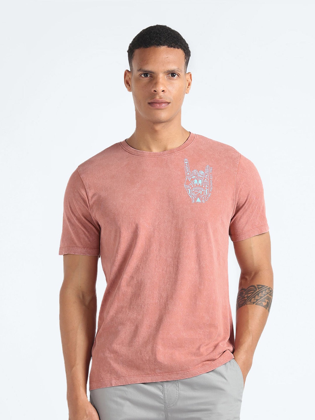 

Flying Machine Crew Neck Typographic Print Cotton Tshirt, Pink