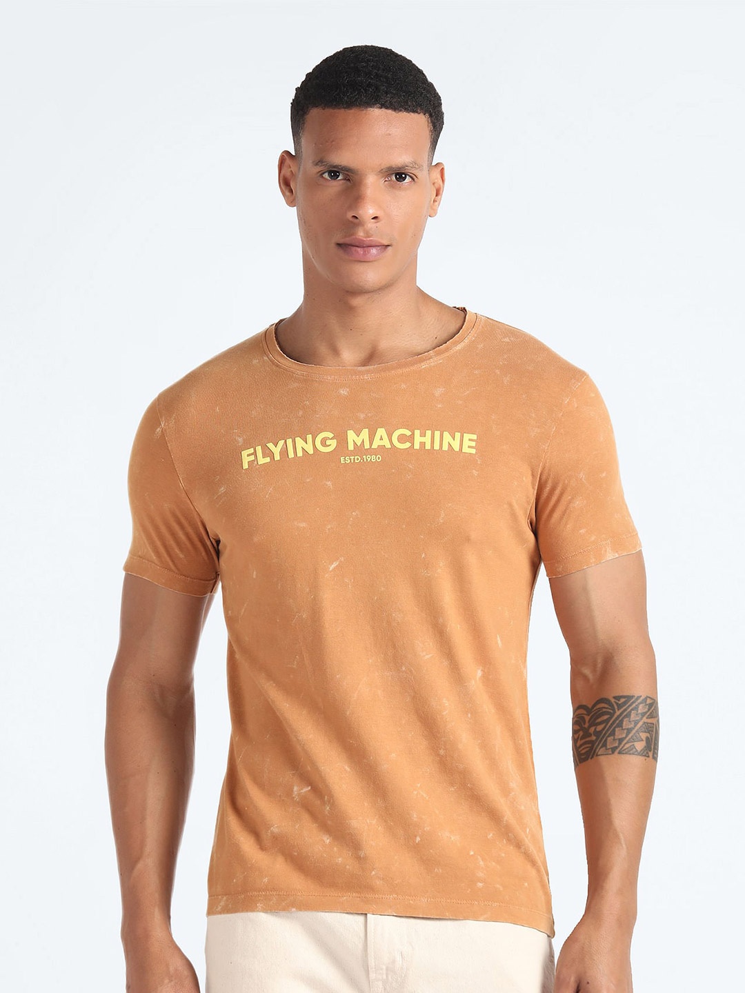 

Flying Machine Crew Neck Typography Cotton Printed Slim Fit Tshirt, Beige