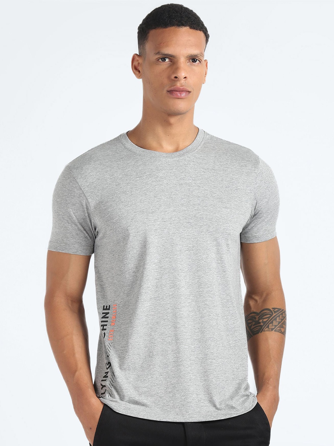 

Flying Machine Crew Neck Cotton Slim Fit Tshirt, Grey