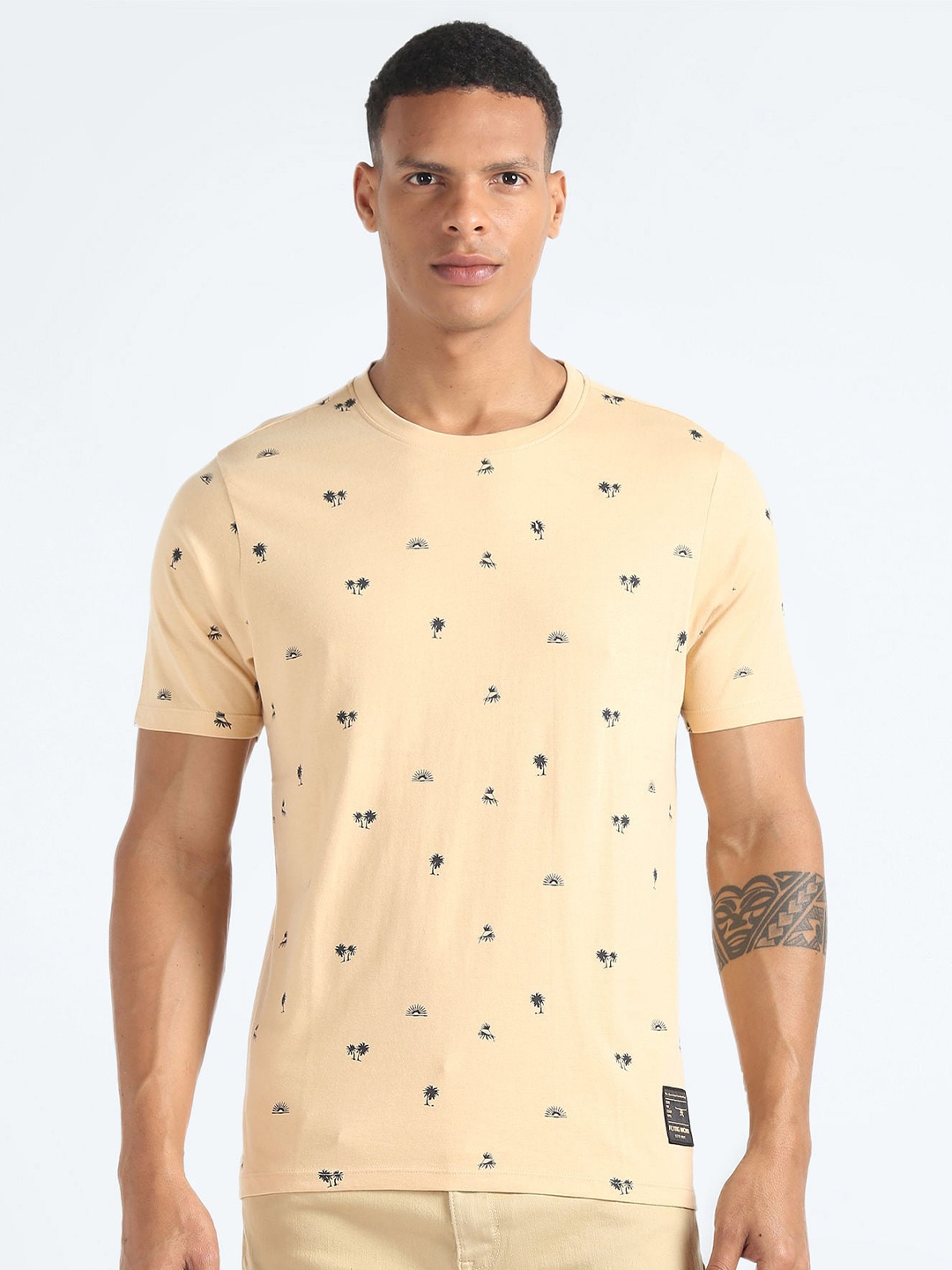 

Flying Machine Crew Neck Graphic Printed Cotton Tshirt, Beige