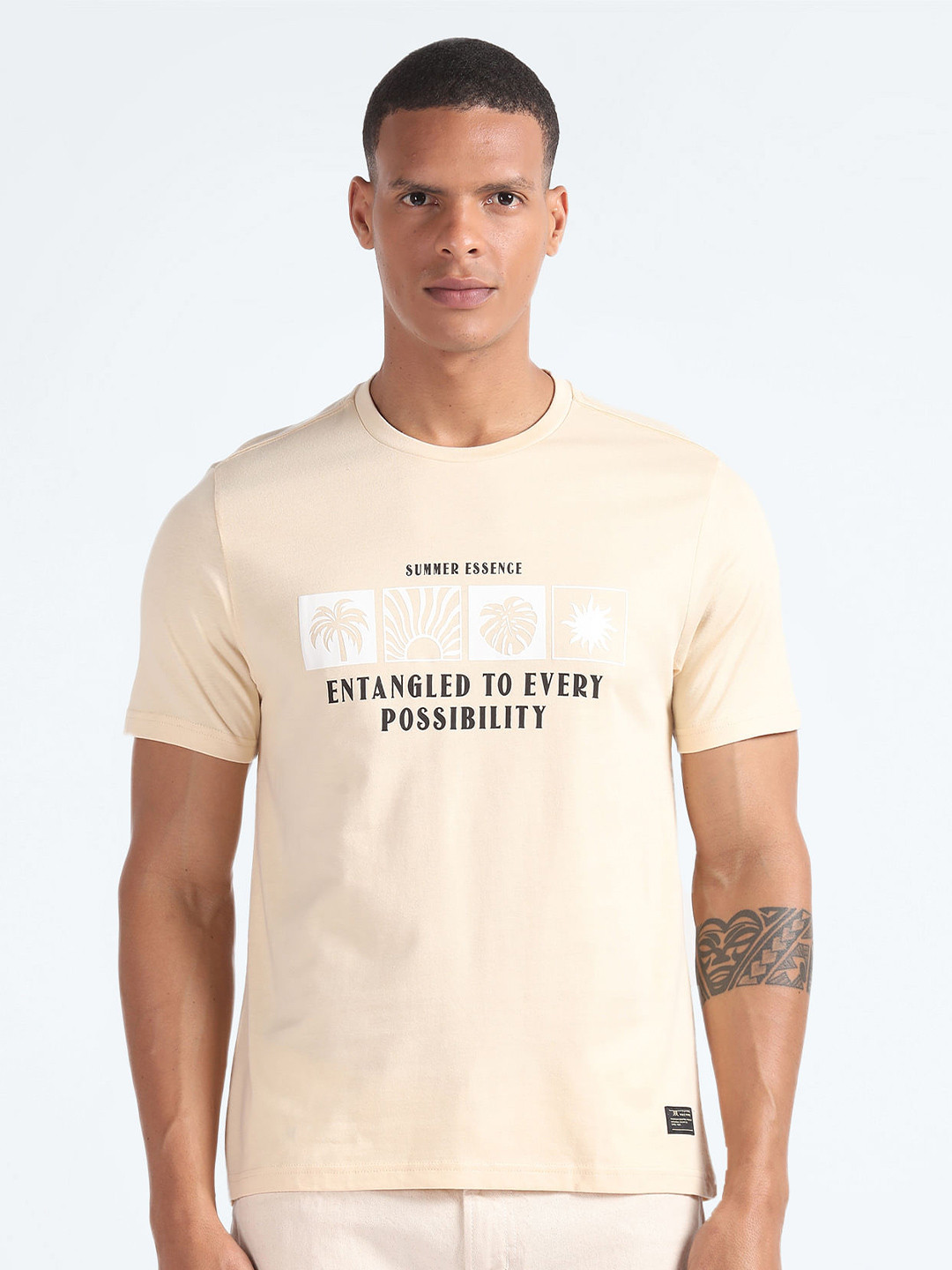 

Flying Machine Typography Printed Cotton T-shirt, Beige