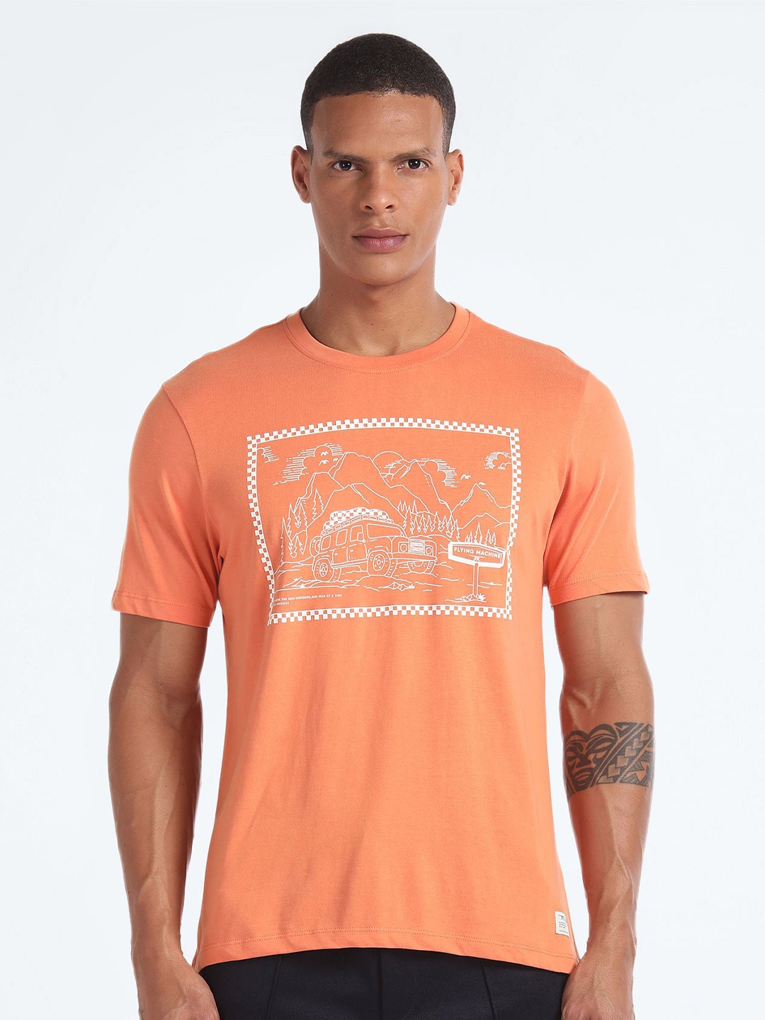

Flying Machine Graphic Printed Cotton T-shirt, Orange