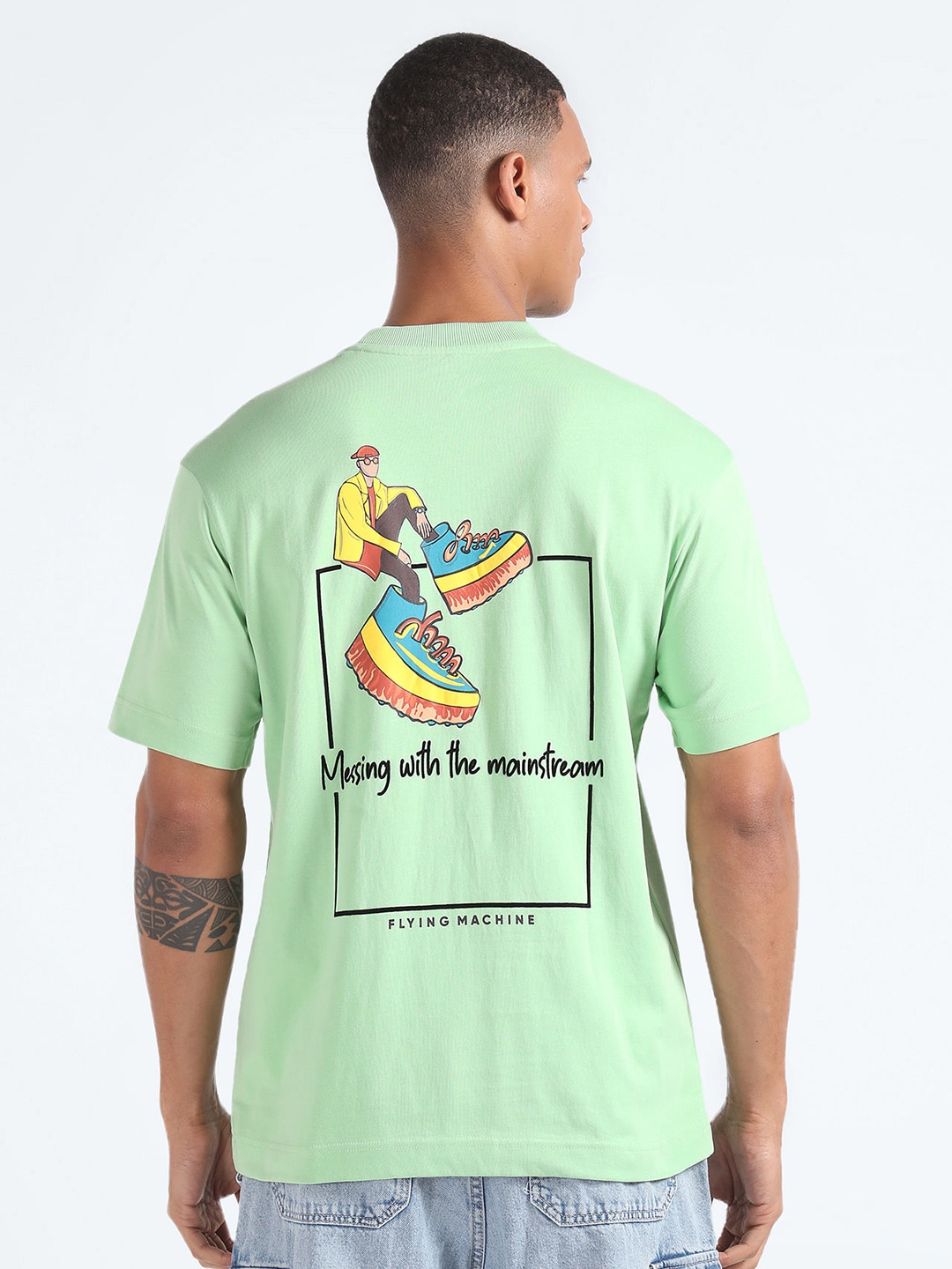 

Flying Machine Graphic Printed Embroidered Cotton Oversized T-shirt, Green