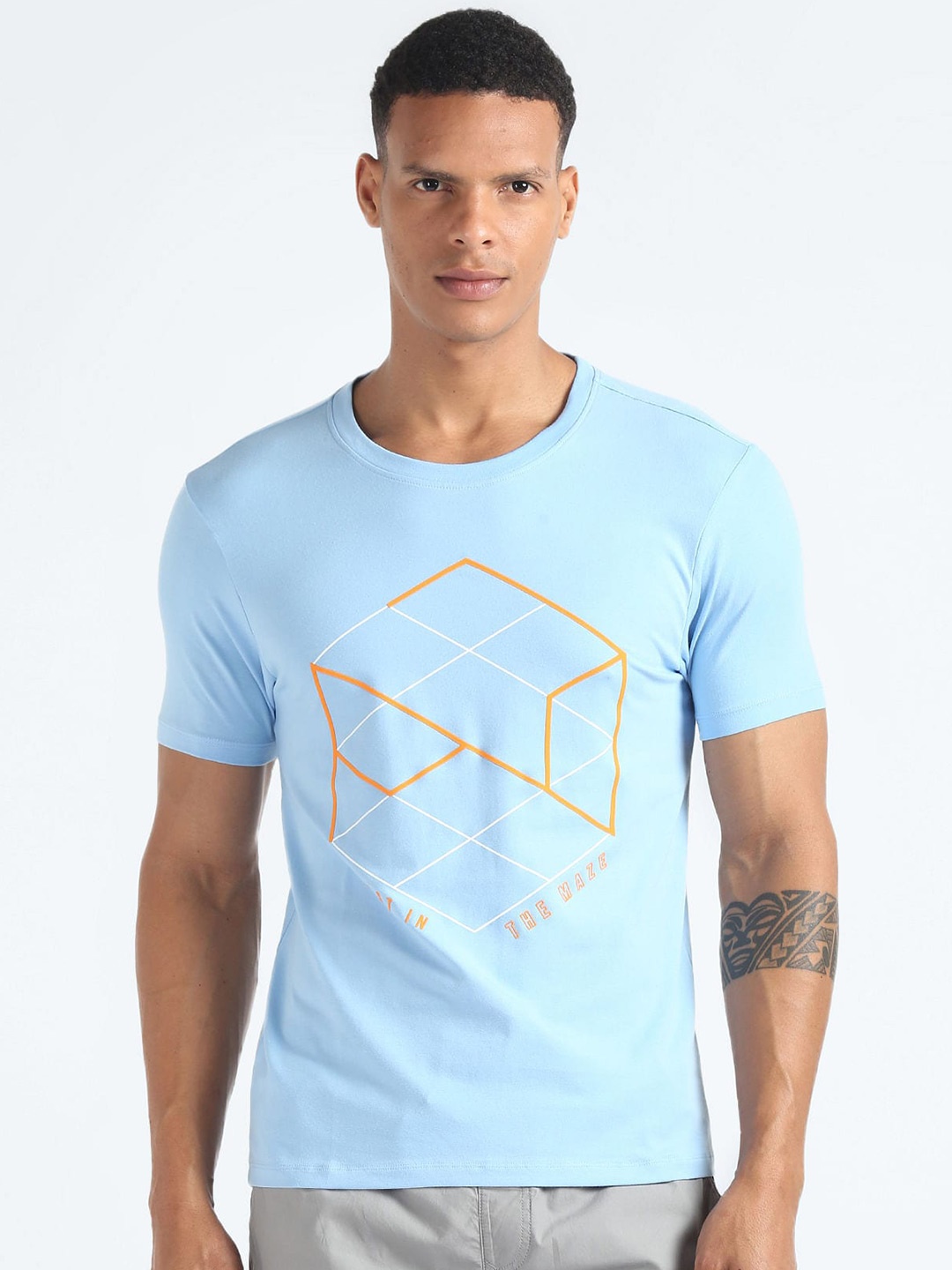 

Flying Machine Geometric Printed Slim Fit Cotton T-shirt, Blue