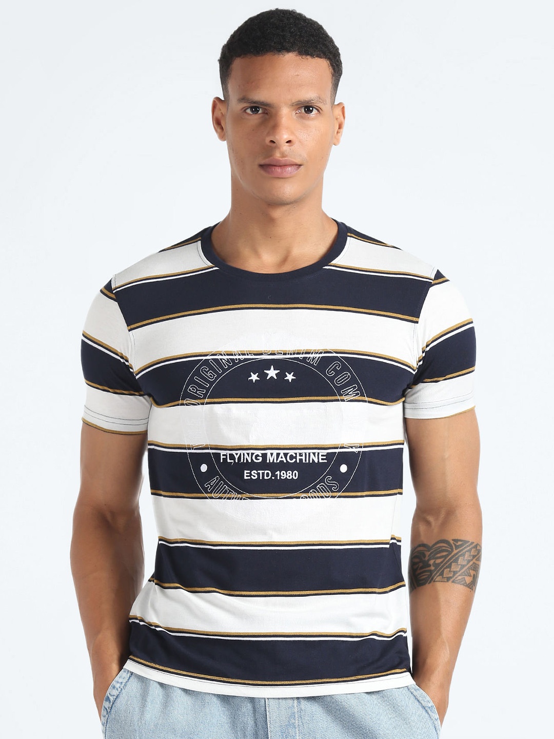 

Flying Machine Horizontal Stripes Cotton T-shirt, White