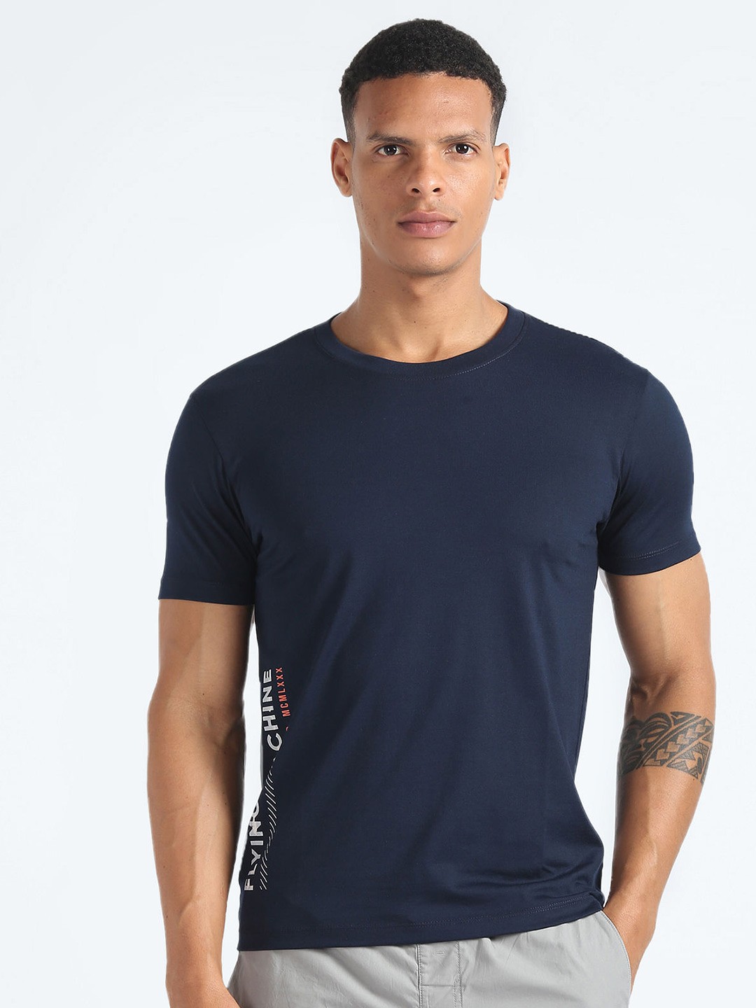 

Flying Machine Slim Fit Typography Round Neck Short Sleeves Cotton T-shirt, Blue
