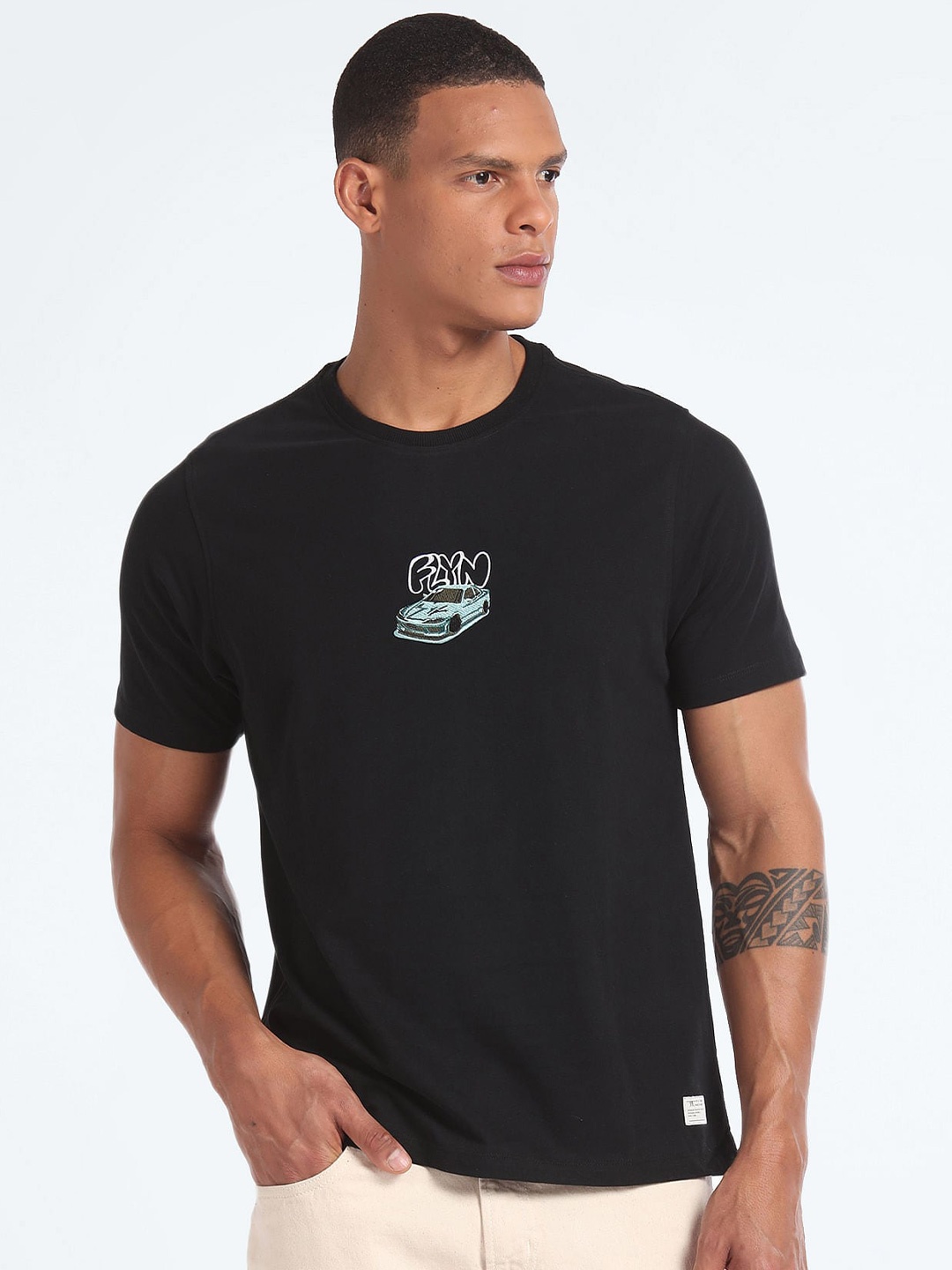 

Flying Machine Round Neck Typography Cotton Tshirt, Black