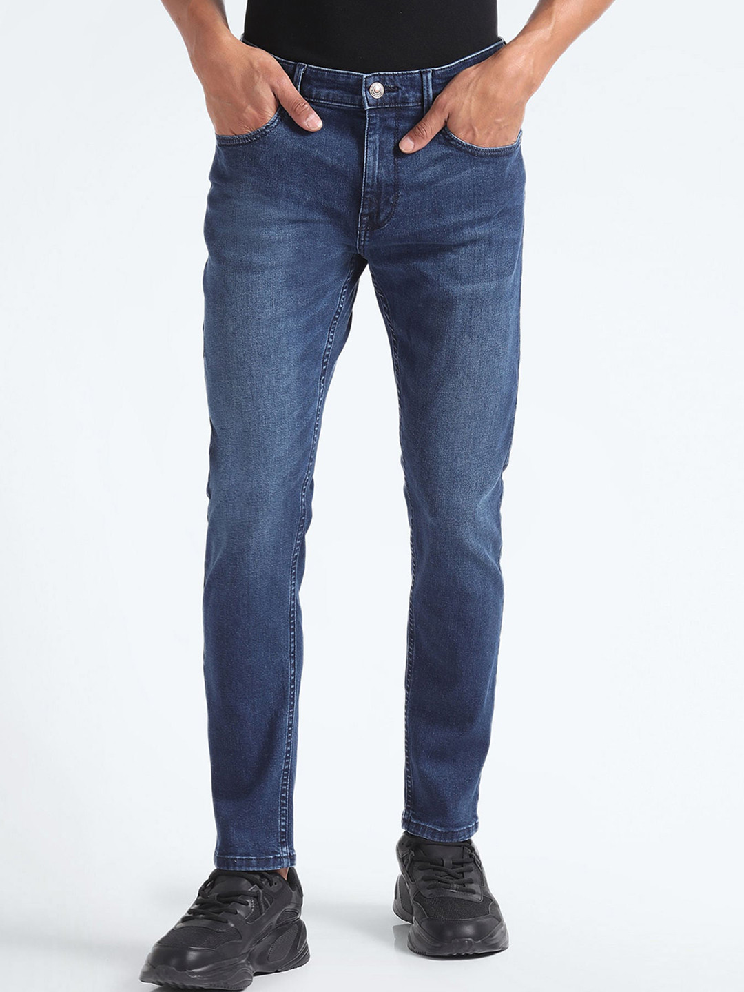 

Flying Machine Men Tapered Fit Heavy Fade Clean Look Stretchable Jeans, Blue