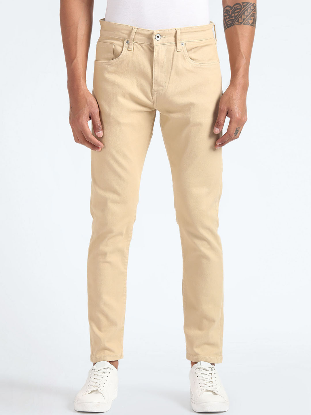 

Flying Machine Men Slim Tapered Fit Clean Look Mid Rise Stretchable Jeans, Beige