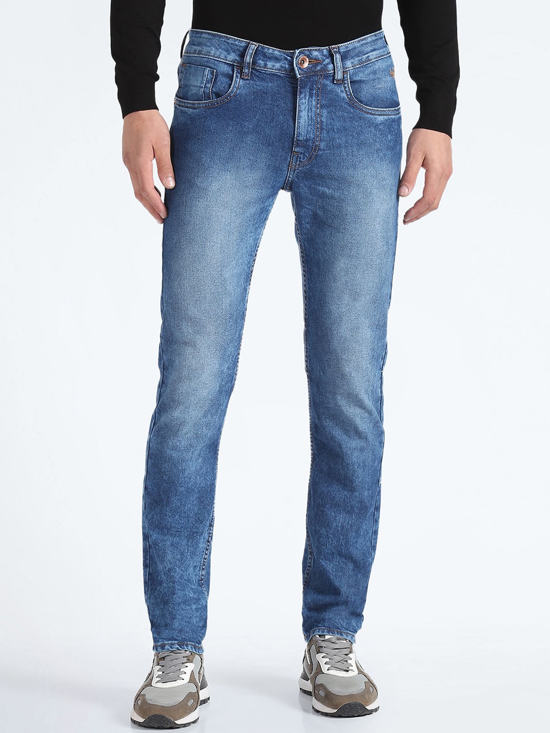

Flying Machine Men Tapered Fit Heavy Fade Clean Look Stretchable Jeans, Blue