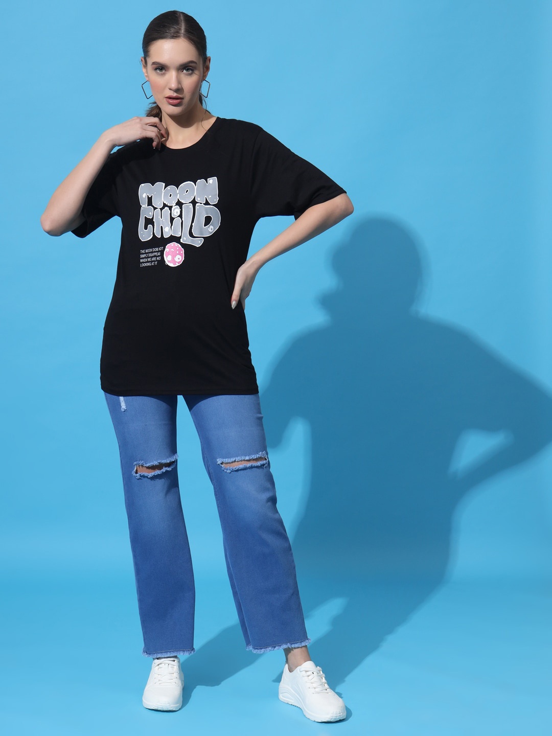 

Purple Feather Typographic Printed Drop Shoulder Sleeves Oversized Cotton T-shirt, Black