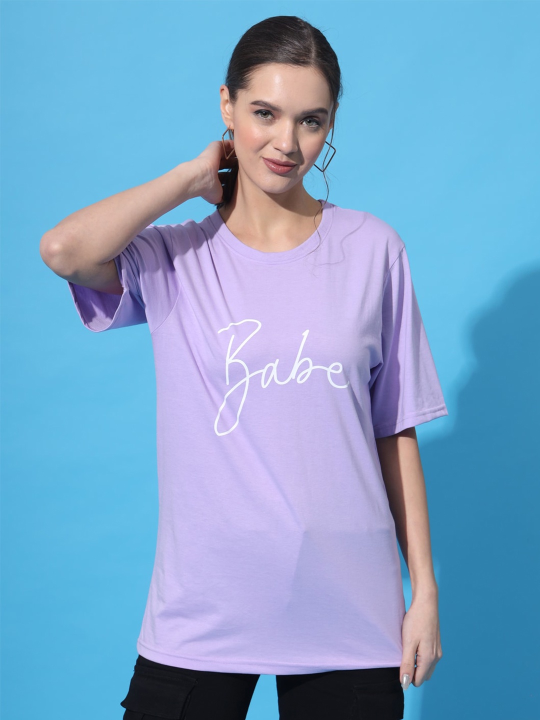 

Purple Feather Typographic Printed Drop-Shoulder Sleeves Oversized Cotton T-shirt, Lavender