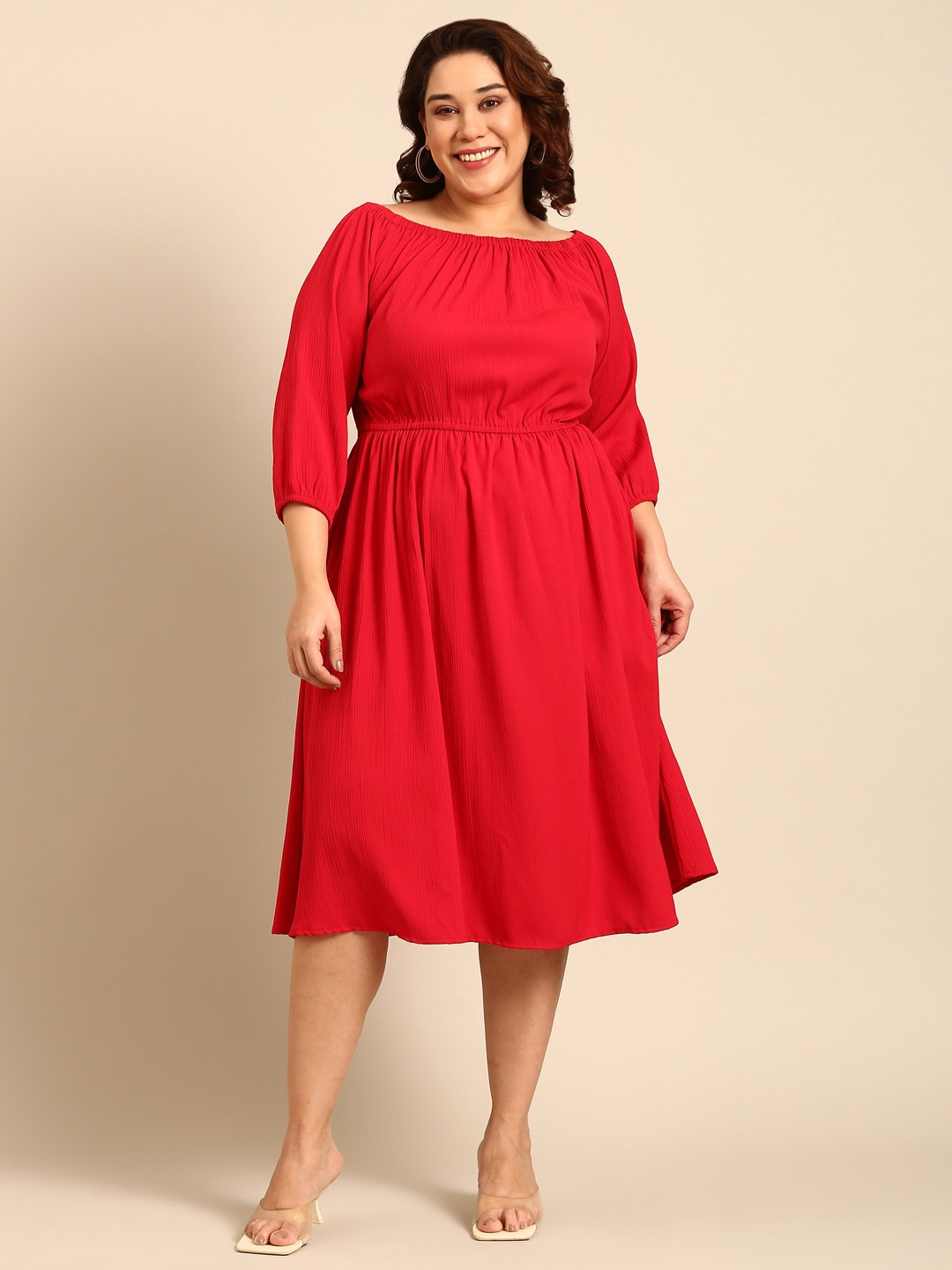 

The Pink Moon Plus Size Boat Neck Fit and Flare Dress, Red