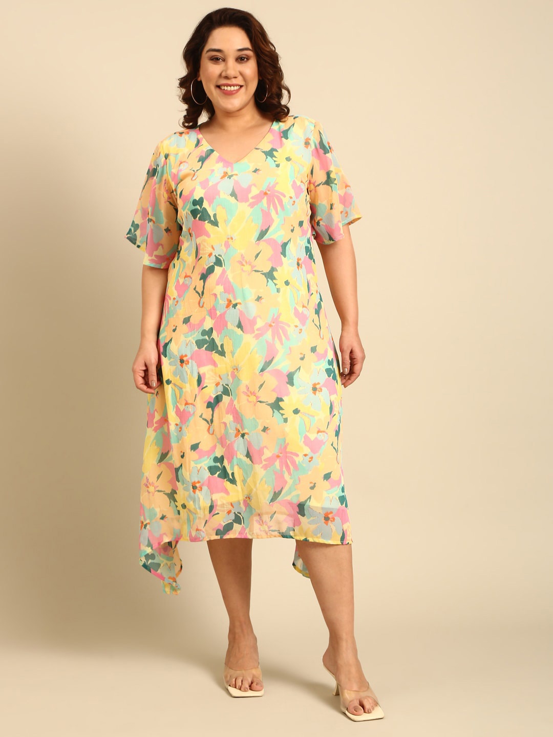 

The Pink Moon Plus Size Floral Printed Chiffon A-Line Midi Dress, Yellow