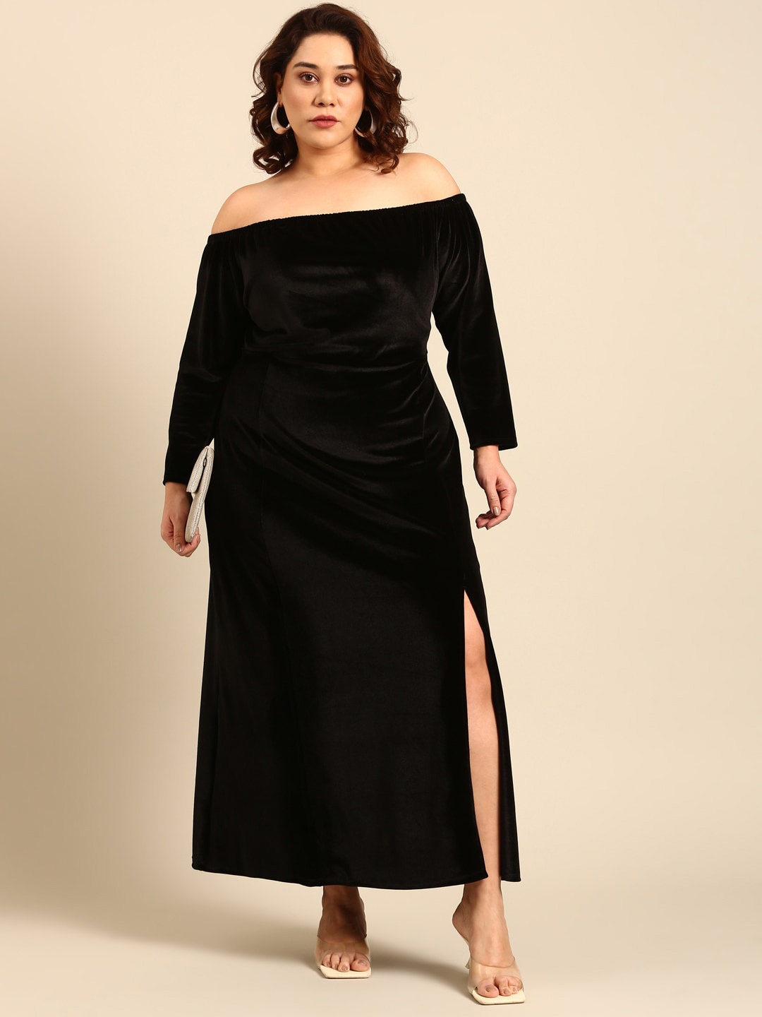 

The Pink Moon Plus Size Off Shoulder A-Line Maxi Dress, Black