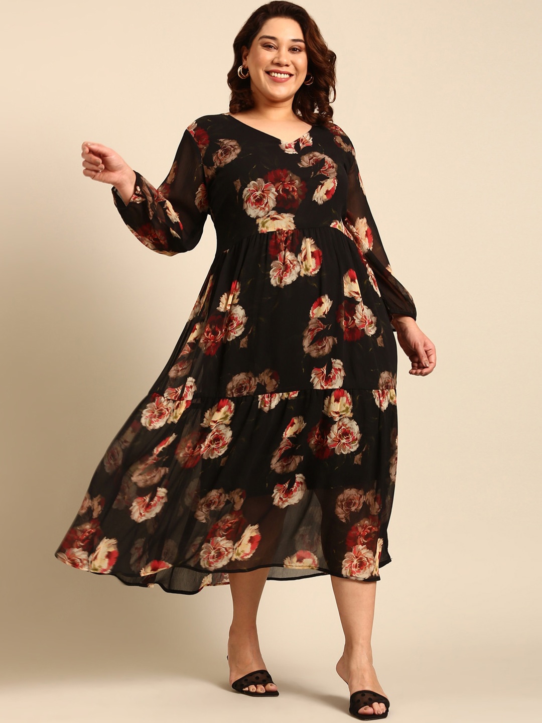 

The Pink Moon Floral Print Chiffon Fit & Flare Dress, Black