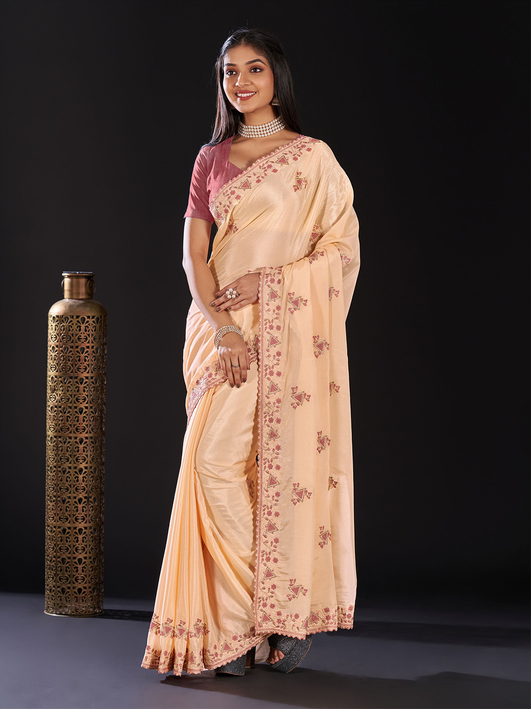 

Celeb Styles Floral Embroidered Saree, Peach
