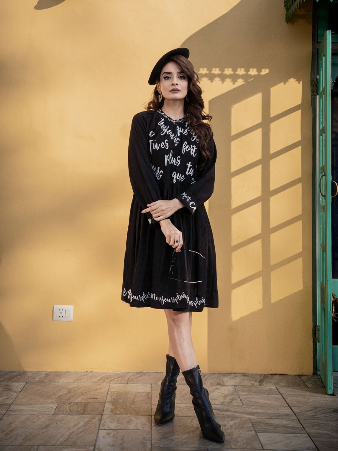 

FASHION DWAR Typography Print Raglan Sleeve Cotton A-Line Dress, Black