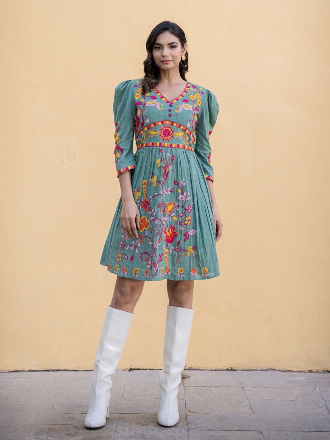 

FASHION DWAR Floral Printed A-Line Dress, Green