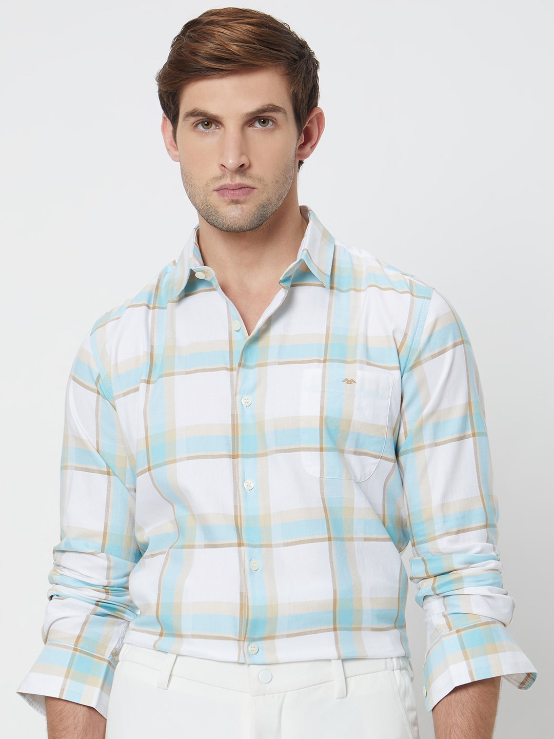 

Mufti Men Slim Fit Checked Cotton Casual Shirt, Turquoise blue