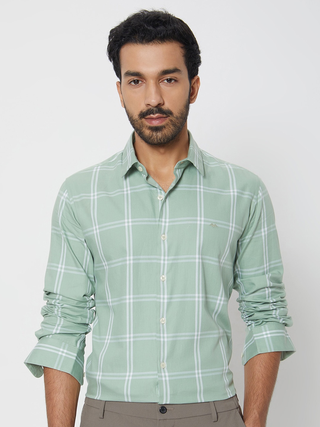 

Mufti Slim Fit Windowpane Checks Opaque Checked Cotton Casual Shirt, Olive