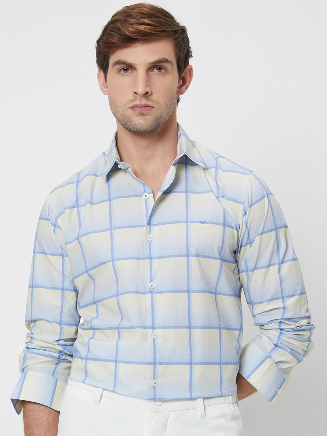 

Mufti Windowpane Checked Cotton Slim Fit Opaque Casual Shirt, Blue
