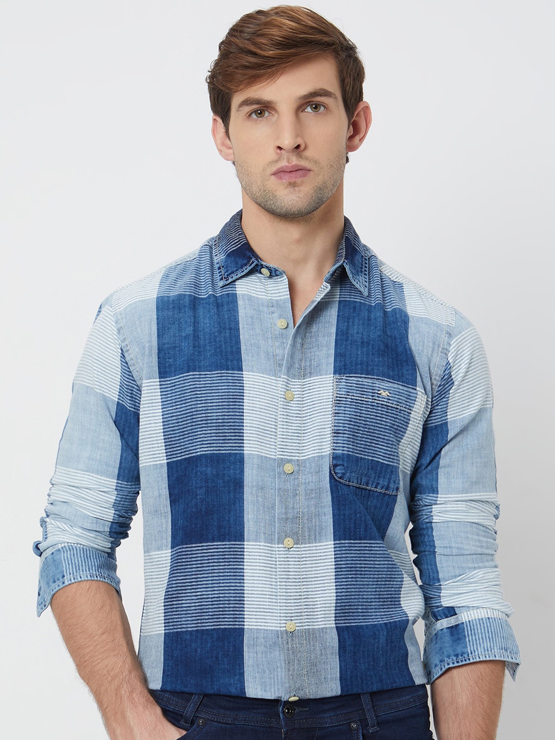 

Mufti Slim Fit Horizontal Stripes Opaque Striped Cotton Casual Shirt, Blue
