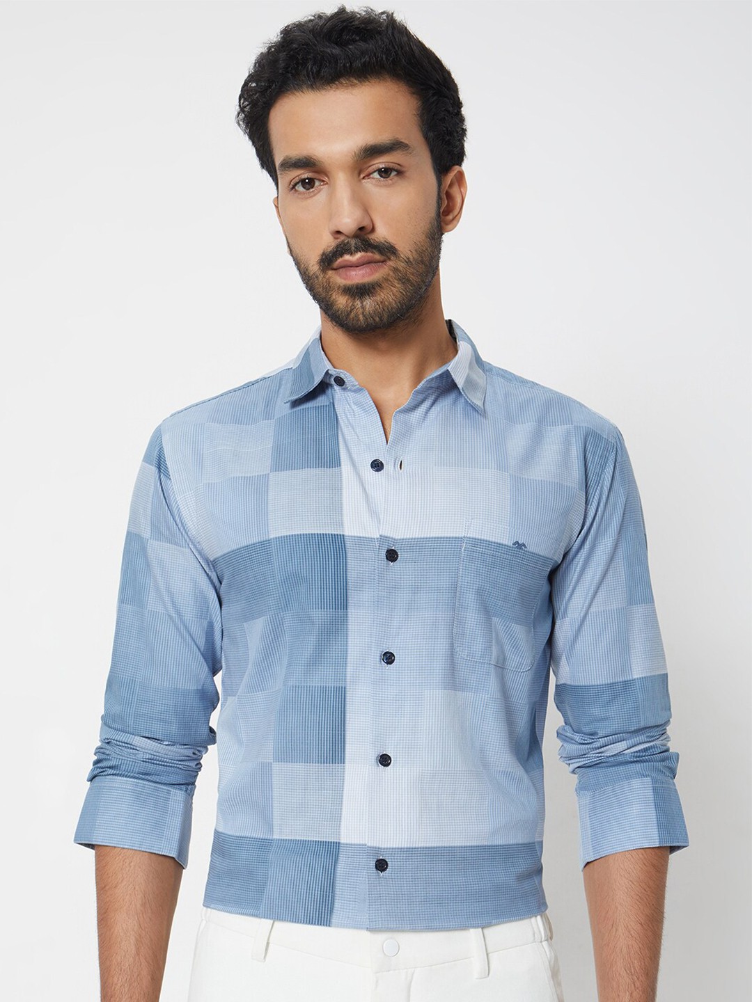 

Mufti Checked Spread Collar Slim Fit Opaque Cotton Casual Shirt, Blue