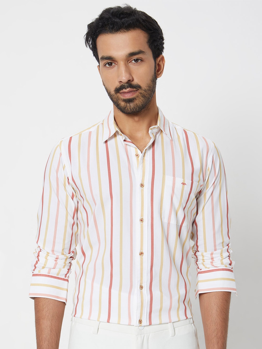 

Mufti Spread Collar Slim Fit Opaque Striped Cotton Casual Shirt, White