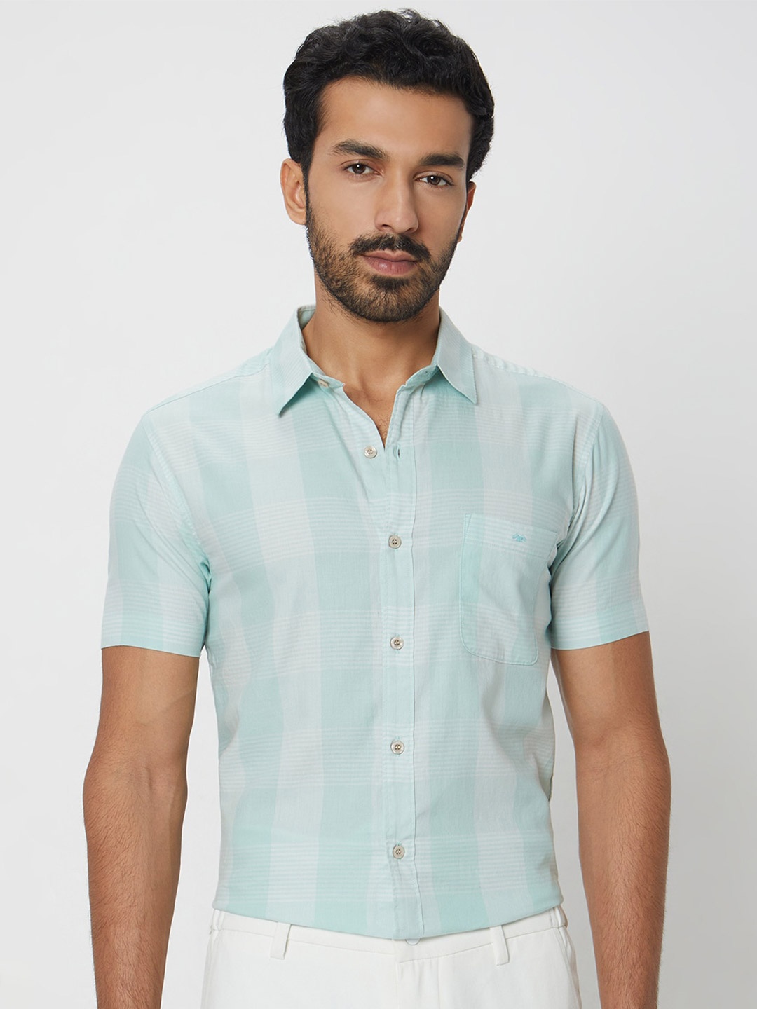 

Mufti Checked Cotton Slim Fit Opaque Casual Shirt, Sea green