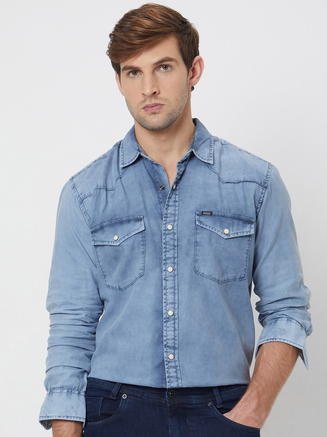 

Mufti Slim Fit Faded Opaque Faded Cotton Casual Shirt, Blue