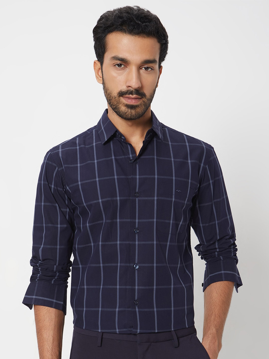 

Mufti Windowpane Checked Cotton Slim Fit Opaque Casual Shirt, Navy blue