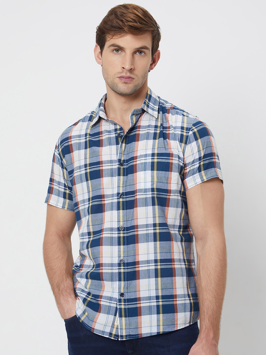 

Mufti Tartan Checked Cotton Slim Fit Opaque Casual Shirt, Navy blue