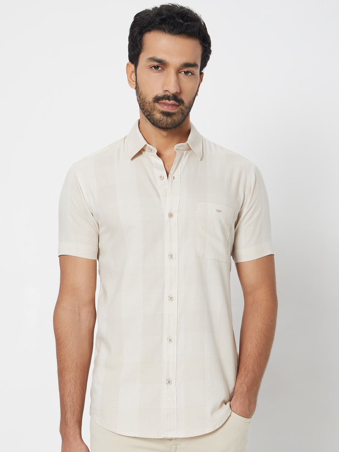 

Mufti Men Slim Fit Horizontal Striped Cotton Casual Shirt, Beige