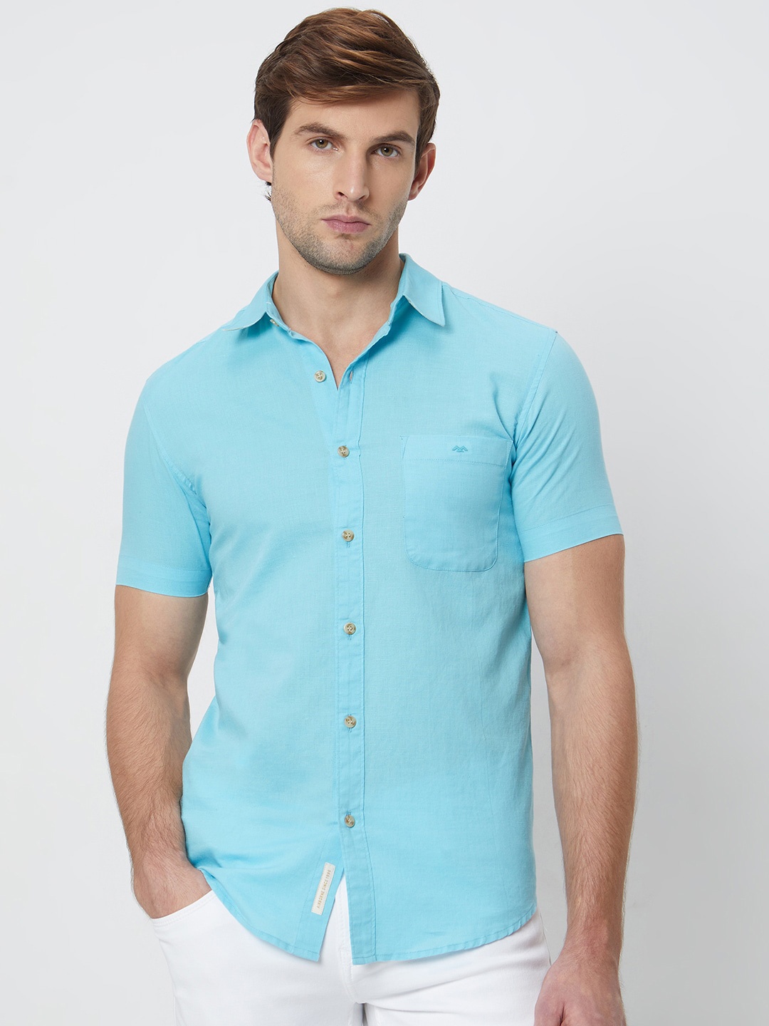 

Mufti Men Slim Fit Cotton Linen Casual Shirt, Turquoise blue