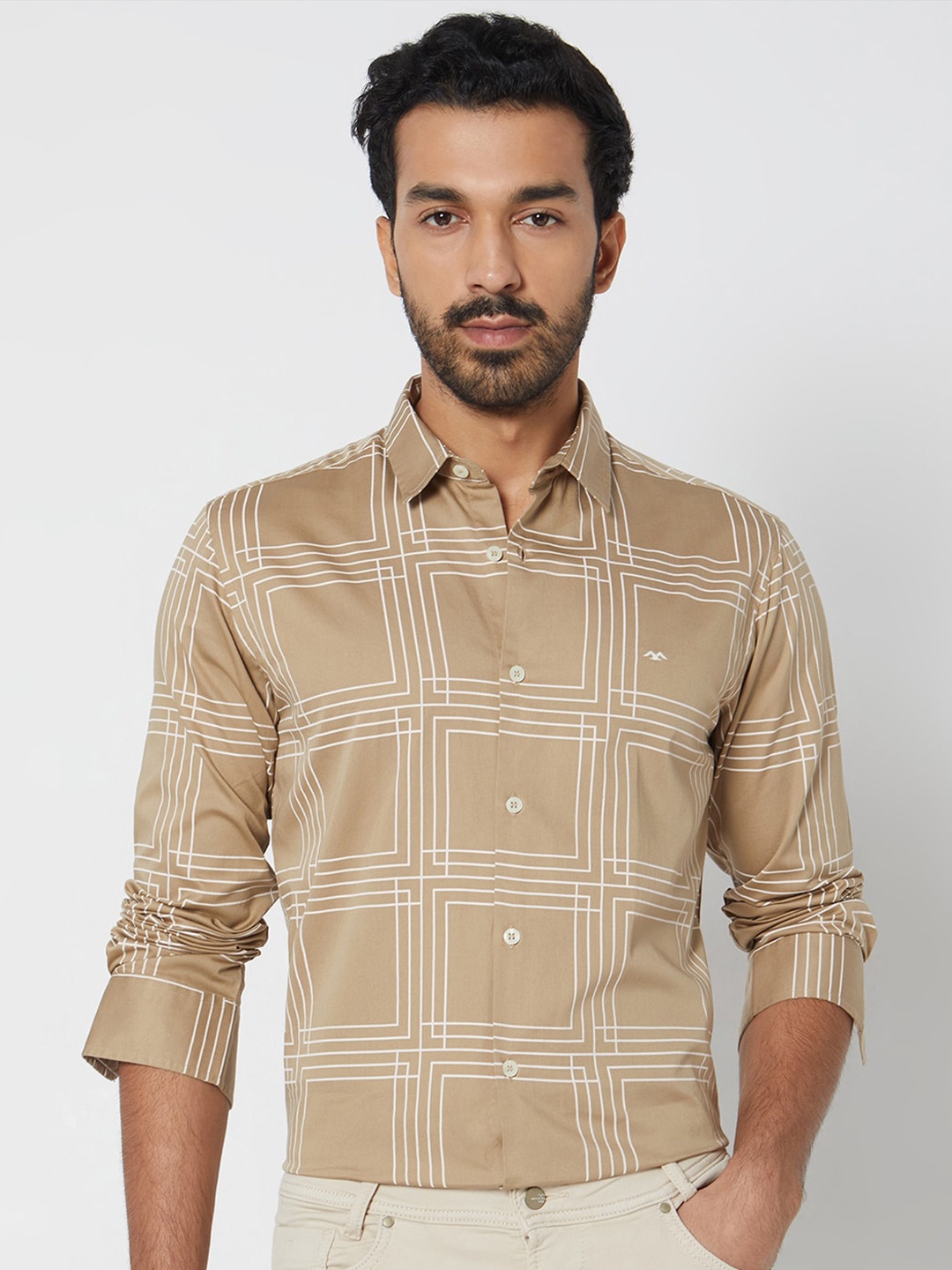 

Mufti Men Slim Fit Geometric Printed Cotton Casual Shirt, Khaki