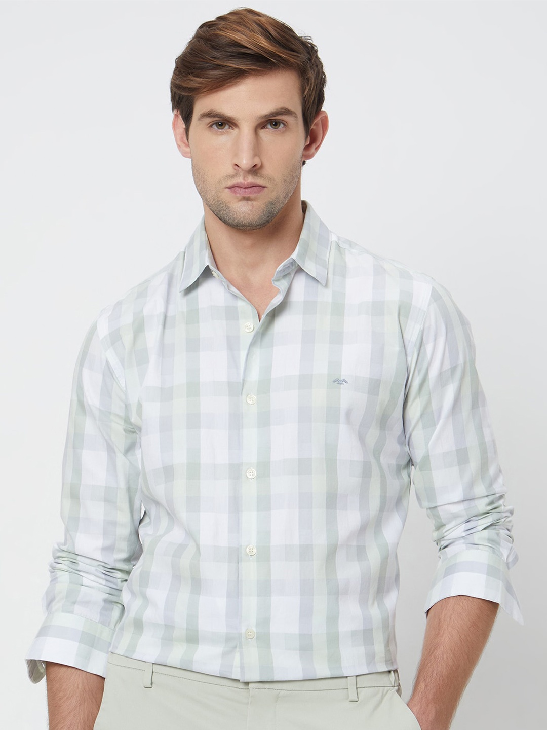

Mufti Slim Fit Gingham Checks Opaque Checked Cotton Casual Shirt, Green