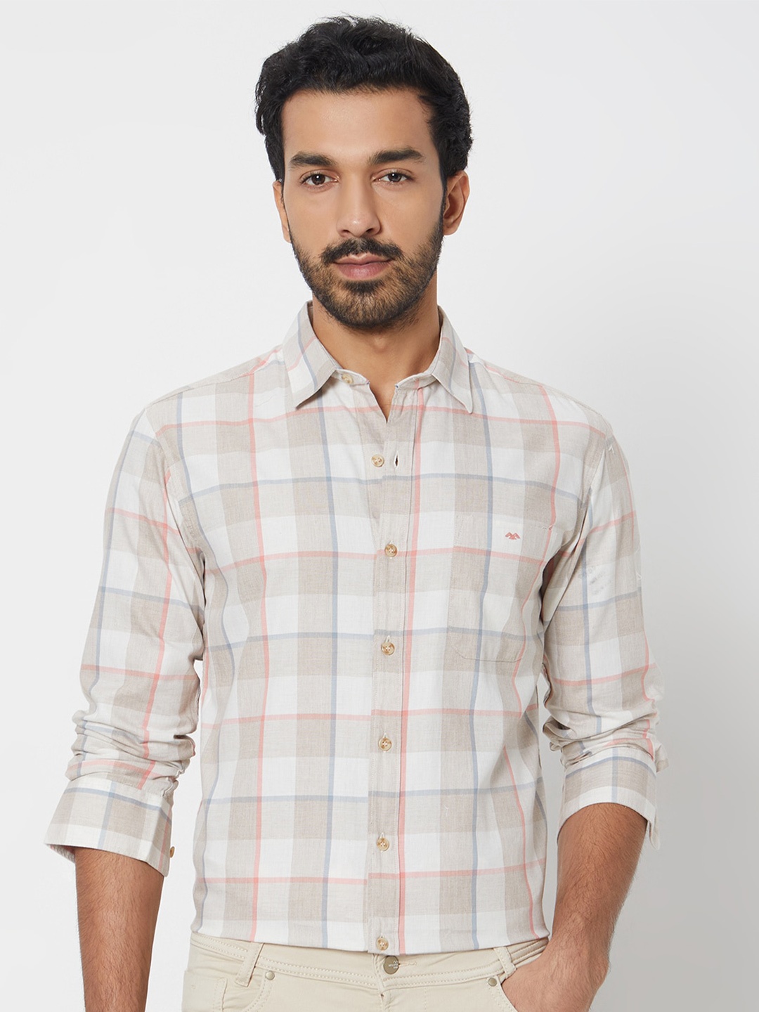 

Mufti Checked Cotton Slim Fit Opaque Casual Shirt, Khaki