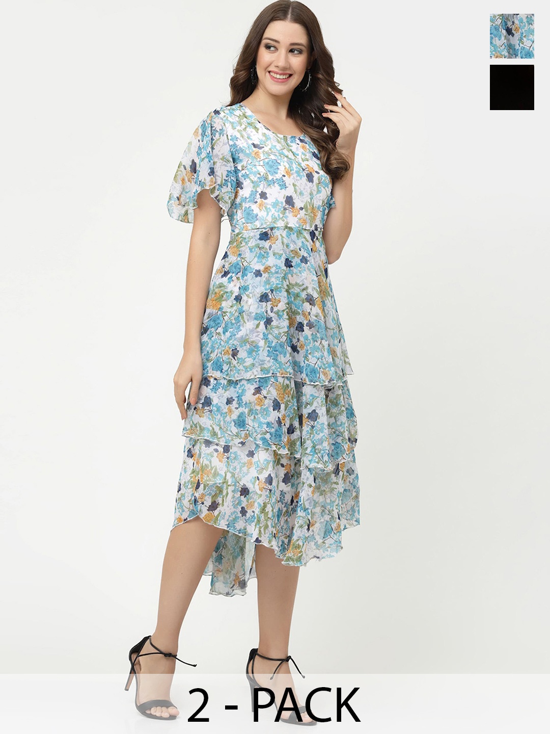 

MISS AYSE Pack of 2 Floral Printed Flared Sleeve Georgette Fit & Flare Midi Dresses, Blue