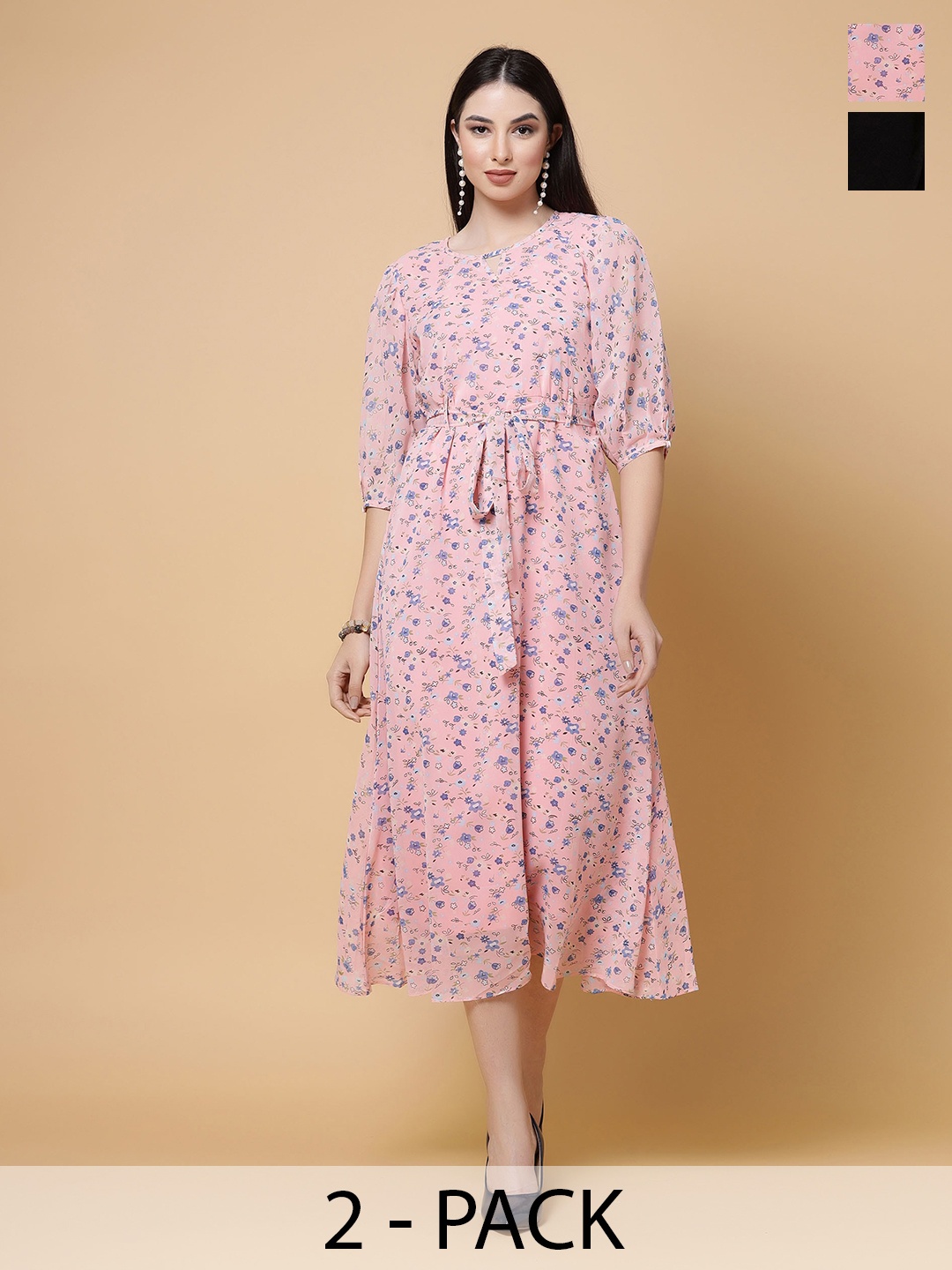 

MISS AYSE Pack of 2 Floral Printed Georgette Fit & Flare Midi Dresses, Pink