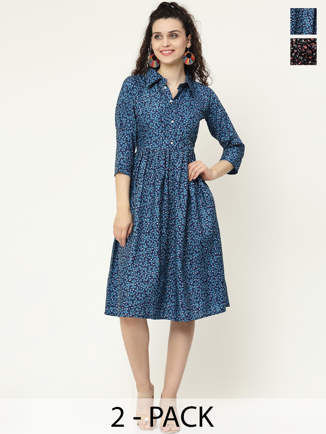 

MISS AYSE Pack Of 2 Floral Printed Flared Sleeves Shirt Dress, Blue