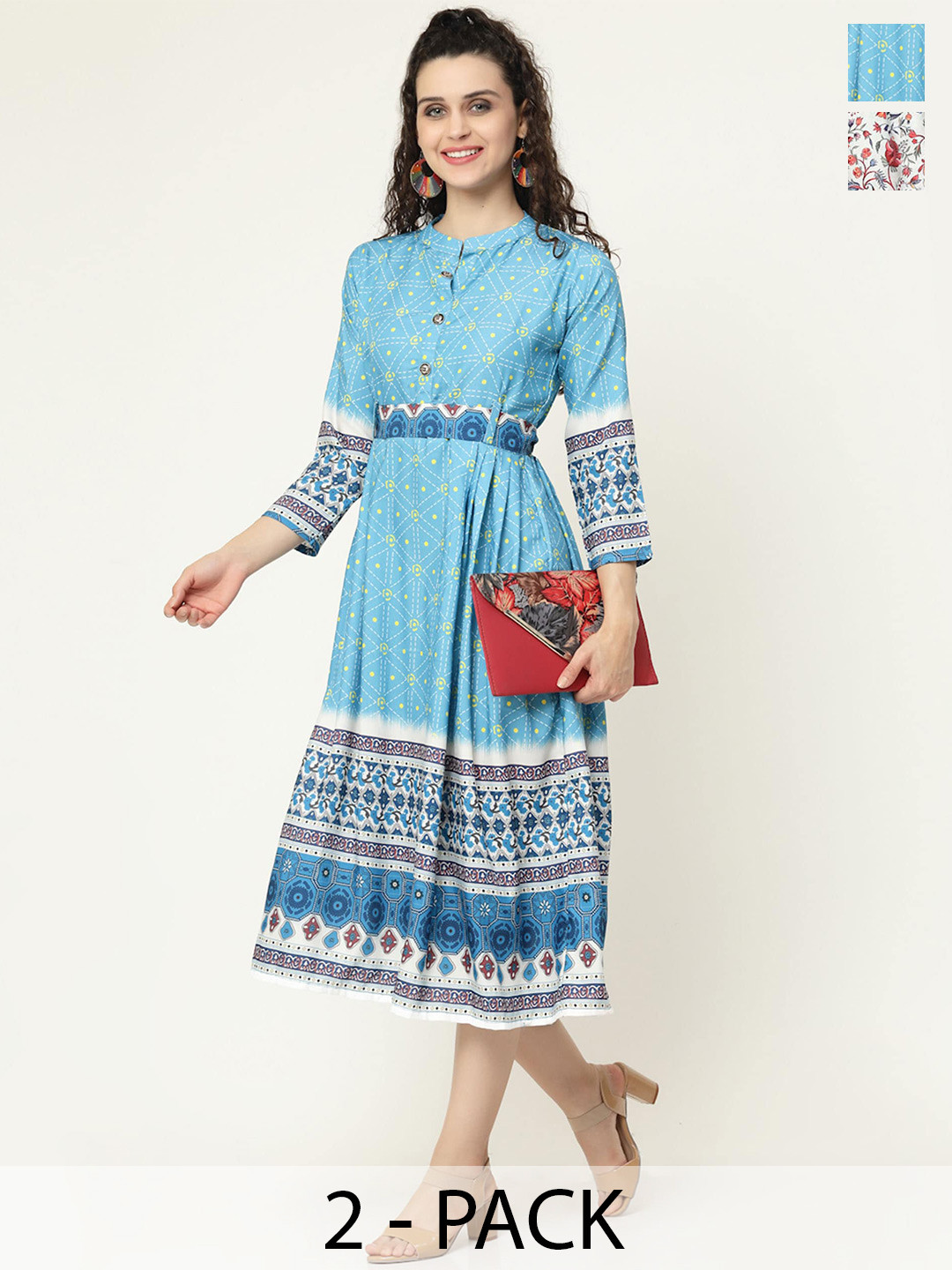 

MISS AYSE Pack Of 2 Floral Printed V-Neck Fit & Flare Midi Dress, Blue