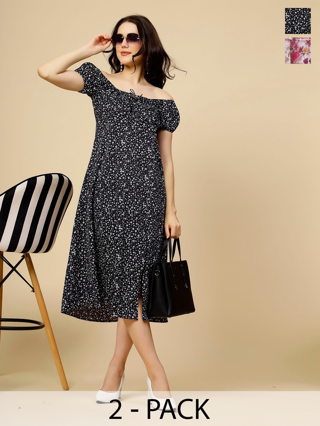 

MISS AYSE Pack Of 2 Floral Printed Off-Shoulder Puff Sleeves A-Line Midi Dress, Black