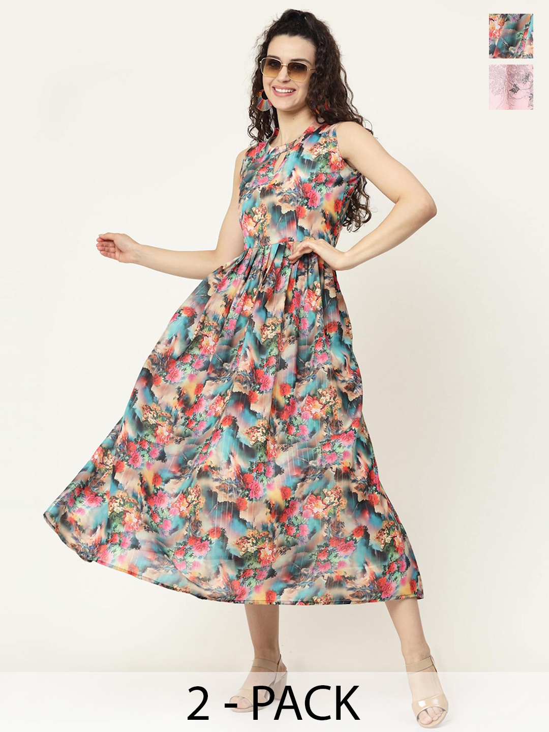 

MISS AYSE Pack Of 2 Floral Printed Keyhole Neck A-Line Midi Dresses, Pink