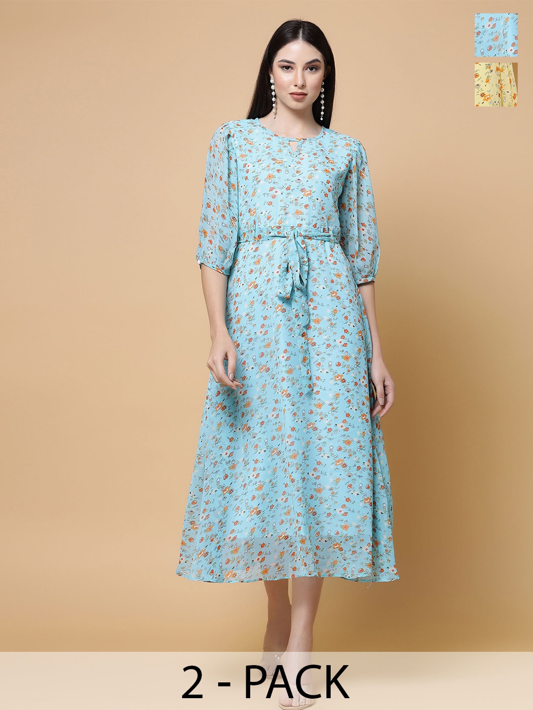 

MISS AYSE Pack of 2 Floral Print Georgette A-Line Midi Dresses, Blue